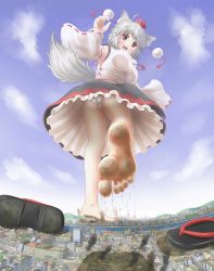 Rule 34 | 1girl, :3, animal ears, aonagi ibane, arm up, armpits, ass, bare legs, barefoot, blue sky, blush, breasts, bridge, building, city, cloud, day, debris, detached sleeves, dirty, dirty feet, fang, feet, female focus, fisheye, flip-flops, footprints, from below, giant, giantess, happy, hat, hat ribbon, highres, house, huge giantess, inubashiri momiji, large breasts, legs, open mouth, outdoors, panties, pantyshot, purple background, red eyes, ribbon, river, road, ruins, sandals, shoes, unworn shoes, short hair, silver hair, sky, smile, soles, solo, standing, street, tail, taut clothes, toes, tokin hat, touhou, train, underwear, upskirt, walking, white panties, wide sleeves, wolf ears, wolf tail