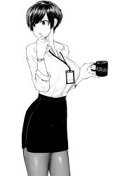 Rule 34 | 1girl, absurdres, breasts, commentary, cowboy shot, cup, dress shirt, earrings, english commentary, highres, id card, jewelry, lanyard, long sleeves, looking away, looking to the side, medium breasts, miniskirt, monochrome, mug, musical note, norman maggot, office lady, olive laurentia, original, pantyhose, pinky out, pixie cut, sheet music, shirt, shirt tucked in, short hair, skirt, standing, stud earrings, watch, wristwatch