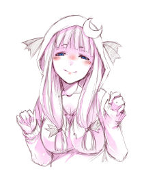 Rule 34 | 1girl, bad id, bad pixiv id, blue eyes, blush, bow, breasts, crescent, face, female focus, hair bow, hood, hoodie, kurokuro, long hair, patchouli knowledge, sketch, smile, solo, spot color, touhou
