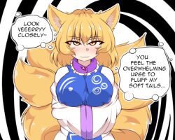 Rule 34 | 1girl, :3, abstract background, animal ears, blonde hair, blue collar, blush, breasts, collar, covered erect nipples, dress, english text, fluffy, fox ears, fox girl, fox tail, frilled collar, frills, hands in opposite sleeves, hypnosis, hypnotizing viewer, jungleboyayaya, large breasts, looking at viewer, mind control, monochrome background, multiple tails, no headwear, puffy nipples, seductive smile, short hair, smile, solo, speech bubble, spiral, standing, straight-on, tabard, tail, touhou, upper body, white dress, wide sleeves, yakumo ran, yellow eyes