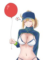 Rule 34 | 1girl, ahoge, artoria pendragon (fate), balloon, baseball cap, bikini, blonde hair, blue hat, blue jacket, blue scarf, breasts, cleavage, closed eyes, commentary, cropped jacket, fate (series), grin, hair between eyes, hair through headwear, hat, heart, highres, holding, holding balloon, jacket, kasumi saika, large breasts, mysterious heroine x (fate), mysterious heroine xx (fate), navel, ponytail, scarf, shrug (clothing), simple background, smile, solo, speech bubble, spoken heart, swimsuit, white background, white bikini