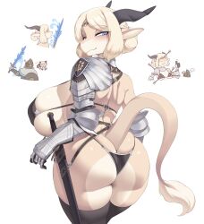 Rule 34 | 1girl, absurdres, animal ears, armor, armored collar, arms at sides, ass, ass focus, asymmetrical sleeves, back, bikini, black bikini, black thighhighs, blonde hair, blue eyes, braid, breasts, butt crack, cervina, closed mouth, colored skin, cowboy shot, dragon girl, dragon horns, dragon tail, eyeshadow, female knight, french braid, from behind, from side, furry, furry female, gauntlets, hair bun, half-closed eyes, highres, horns, huge ass, huge breasts, knight, looking at viewer, looking back, makeup, meme, micro bikini, multiple views, original, pointy ears, purple eyeshadow, seductive smile, short hair, shoulder armor, simple background, smile, solo focus, swimsuit, sword, tail, thighhighs, tight clothes, weapon, white background