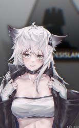 Rule 34 | 1girl, absurdres, animal ears, arknights, bandeau, black choker, black jacket, breasts, bwcloud, choker, cleavage, collarbone, commentary request, fingerless gloves, gloves, grey eyes, grin, hair ornament, hairclip, highres, jacket, lappland (arknights), long hair, looking at viewer, medium breasts, midriff, open clothes, open jacket, rhodes island logo (arknights), scar, scar across eye, scar on face, silver hair, smile, solo, strapless, tube top, upper body, white gloves, wolf ears