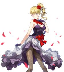 Rule 34 | 1girl, bai winchester, black ribbon, blonde hair, breasts, choker, cleavage, closers, fishnet pantyhose, fishnets, floating hair, flower, gloves, grey pantyhose, hair flower, hair ornament, hair ribbon, heterochromia, highres, layered skirt, long hair, looking at viewer, medium breasts, official art, open mouth, pantyhose, petals, pink eyes, purple eyes, purple gloves, red flower, red rose, ribbon, rose, shiny clothes, side ponytail, side slit, sideboob, simple background, skirt, skirt hold, solo, standing, strapless, white background