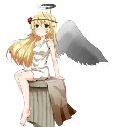 Rule 34 | 1girl, barefoot, blonde hair, feet, green eyes, halo, original, sitting, smile, solo, toes, white background, wings, wk (low-f)