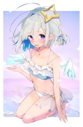 Rule 34 | 1girl, :d, amane kanata, angel wings, bare shoulders, bikini, blue hair, blunt bangs, collarbone, colored inner hair, eme (emeralda), feathered wings, flat chest, frilled bikini, frills, grey hair, hair between eyes, hair ribbon, highres, hololive, jewelry, midriff, multicolored hair, navel, necklace, open mouth, purple eyes, ribbon, seiza, short hair, sitting, smile, solo, swimsuit, virtual youtuber, water, wings