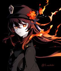 Rule 34 | 1girl, 5 mnknkr, black background, black hat, breasts, brown hair, coat, collared coat, colored tips, commentary request, flower, flower-shaped pupils, from side, genshin impact, hair between eyes, hat, hat flower, hat ornament, highres, hu tao (genshin impact), long hair, long sleeves, looking at viewer, multicolored hair, open mouth, plum blossoms, porkpie hat, red eyes, red shirt, shirt, solo, symbol-shaped pupils, talisman, tassel, twintails, twitter username, very long hair