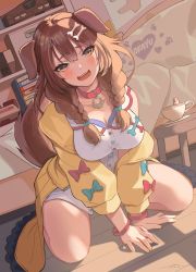 Rule 34 | 1girl, animal collar, animal ears, bed, bone hair ornament, bracelet, braid, breasts, brown eyes, brown hair, cleavage, collar, dog ears, dog girl, dog tail, dutch angle, famicom, fangs, game console, hair ornament, highres, hololive, inugami korone, inugami korone (1st costume), jacket, jewelry, medium breasts, michael lin, nes, nintendo 64, open mouth, sitting, smile, solo, tail, twin braids, virtual youtuber, yellow jacket