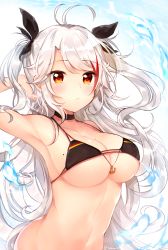 Rule 34 | 1girl, anchor, antenna hair, arched back, arm behind back, arm up, armpits, azur lane, bare shoulders, bikini, bikini top only, black bikini, black neckwear, black ribbon, blush, bottomless, breasts, choker, cleavage, closed mouth, collarbone, flag print, fukunoki tokuwa, german flag, german flag bikini, hair ribbon, highres, large breasts, long hair, looking at viewer, mole, mole on breast, multicolored hair, navel, out-of-frame censoring, prinz eugen (azur lane), prinz eugen (unfading smile) (azur lane), red eyes, red hair, ribbon, silver hair, solo, stomach, streaked hair, swept bangs, swimsuit, twitter username, underboob, upper body, very long hair
