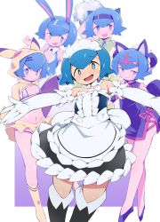 Rule 34 | 1girl, :3, :d, abarai (abarabone), alternate costume, animal ears, azumarill, bikini, black thighhighs, blue eyes, blue footwear, blue hair, breasts, cat ears, cheerleader, china dress, chinese clothes, cleavage cutout, closed mouth, clothing cutout, creatures (company), detached collar, dress, enmaided, game freak, gen 2 pokemon, gloves, hair ornament, hairclip, highres, lana (pokemon), looking at viewer, maid, maid headdress, medium breasts, navel, nintendo, open mouth, outstretched arms, pikachu costume, pokemon, pokemon (creature), pokemon sm, pom pom (cheerleading), purple dress, rabbit ears, short hair, simple background, smile, swimsuit, thighhighs, white background, white bikini, white gloves, yellow thighhighs