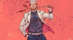 Rule 34 | 1boy, achio888, artist name, bard, belt, black hair, blue necktie, branch, brooch, cherry blossoms, dated, formal, golden kamuy, hand in pocket, holding, holding branch, jewelry, male focus, multicolored hair, necktie, nihei tetsuzou, pants, red background, short hair, solo, standing, striped, suit, two-tone hair, vertical stripes, vest, white hair, white suit