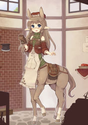 Rule 34 | 1girl, 7010, :d, animal ears, apron, axe, blue eyes, blush, braid, brown hair, centaur, detached sleeves, extra ears, glasses, gloves, hat, highres, monster girl, open mouth, original, pince-nez, pointy ears, smile, solo, tail, taur, twin braids, weapon