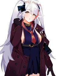Rule 34 | 1girl, antenna hair, azur lane, black gloves, blush, breasts, brown eyes, casual, cross, earrings, gloves, hair between eyes, highres, hoop earrings, iron cross, jewelry, large breasts, long hair, looking at viewer, mania (fd6060 60), mole, mole on breast, multicolored hair, open mouth, prinz eugen (azur lane), red hair, sideboob, simple background, solo, standing, streaked hair, swept bangs, two side up, very long hair, white background, white hair