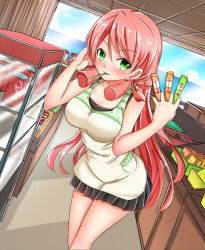 Rule 34 | 10s, 1girl, akashi (kancolle), apron, baretto (karasi07), blush, breasts, candy, cola, commentary request, dagashi kashi, food, green eyes, hair ribbon, kantai collection, large breasts, lollipop, long hair, looking at viewer, pink hair, pleated skirt, ribbon, skirt, smile, solo, tress ribbon, twintails