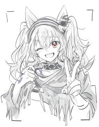 Rule 34 | 1girl, angelina (arknights), animal ears, arknights, blush, braid, cloak, commentary, cosplay, earpiece, english commentary, fox ears, greyscale, hair between eyes, hairband, infection monitor (arknights), long hair, looking at viewer, material growth, meteor (arknights), meteor (arknights) (cosplay), monochrome, one eye closed, open mouth, oripathy lesion (arknights), picture frame, red eyes, side braid, simple background, smile, solo, spot color, srung, twintails, upper body, v, white background