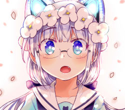 Rule 34 | 1girl, animal ears, blue eyes, blue shirt, bow, cat ears, collarbone, commentary request, falling petals, fang, flower, glasses, hair bow, head wreath, highres, indie virtual youtuber, long hair, looking at viewer, nekoi yuuna, open mouth, petals, portrait, purple bow, purple hair, sailor collar, shirt, solo, tatsunokosso, virtual youtuber, white background, white sailor collar