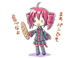 Rule 34 | 1girl, ahoge, baguette, blush, boots, bread, chibi, collared shirt, detached sleeves, drill hair, food, full body, holding, holding food, kasane teto, long sleeves, open mouth, pink hair, pleated skirt, shirt, skirt, sleeveless, sleeveless shirt, smile, solid oval eyes, solo, takitate, thigh boots, translation request, twin drills, utau