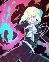Rule 34 | 1boy, aqua fire, belt, black gloves, clenched teeth, fire, fire, gloves, green hair, hair between eyes, highres, light green hair, lio fotia, male focus, multicolored eyes, orange eyes, parted lips, pink fire, promare, purple eyes, rit3set, solo, teeth, thigh strap, v-shaped eyebrows