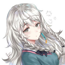 Rule 34 | 1girl, alternate costume, arknights, black bow, black bowtie, blue sweater, blush, bow, bowtie, braid, commentary, grey eyes, hair between eyes, highres, humiaojun, long hair, looking at viewer, no animal ears, pramanix (arknights), school uniform, signature, silver hair, simple background, solo, sweater, twin braids, upper body, white background