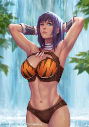 Rule 34 | &gt;;(, 1girl, animal print, armpits, arms behind head, arms up, bikini, blue eyes, bracer, breasts, closed mouth, cowboy shot, frown, large breasts, level-5, lilika, looking at viewer, navel, one eye closed, purple hair, rogue galaxy, sidelocks, solo, swimsuit, tiger print, v-shaped eyebrows, water, waterfall, watermark, web address, wet, ynorka chiu