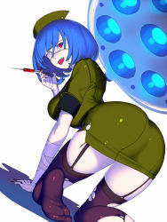 Rule 34 | 1girl, all fours, ass, bandages, blue hair, breasts, dress, enkyo yuuichirou, eyepatch, fingernails, from behind, garter belt, green dress, green hat, hat, highres, hisho collection, large breasts, long fingernails, looking at viewer, looking back, nail polish, nurse, nurse cap, open mouth, original, pointy ears, purple thighhighs, red eyes, simple background, smile, solo, syringe, thighhighs, tongue, tongue out, torn clothes, torn thighhighs, white background