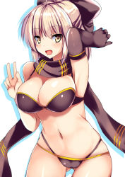 Rule 34 | 1girl, arm up, armpits, asymmetrical gloves, bikini, blonde hair, bow, breasts, brown bikini, brown bow, brown scarf, cleavage, cowboy shot, elbow gloves, fate/grand order, fate (series), gloves, hair bow, large breasts, looking at viewer, navel, okita j. souji (fate), okita j. souji (first ascension) (fate), okita souji (fate), open mouth, ryokushiki (midori-ya), scarf, short hair, simple background, smile, solo, standing, swimsuit, v, white background, yellow eyes