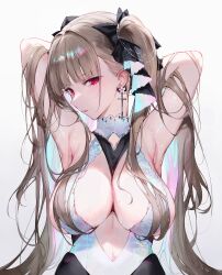 Rule 34 | 1girl, absurdres, alternate costume, armpits, arms up, azur lane, bare arms, bare shoulders, blush, breasts, brown hair, cleavage, cross, cross earrings, earrings, formidable (azur lane), grey background, hair ornament, hands in hair, highres, jewelry, large breasts, long hair, looking at viewer, paid reward available, parted lips, qiandaiyiyu, red eyes, sideboob, simple background, solo, sweat, twintails, upper body
