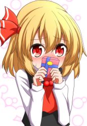 Rule 34 | 1girl, ascot, black vest, blonde hair, blush, box, commentary request, covered mouth, covering nose, covering own mouth, full-face blush, gift, gift box, hair between eyes, hair ribbon, highres, long sleeves, looking at viewer, red ascot, red eyes, red ribbon, ribbon, rumia, shy, solo, sweat, teoi (good chaos), touhou, upper body, vest, white background