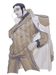 Rule 34 | 1boy, artist request, borsalino (kizaru), epaulettes, expressionless, facial hair, formal, glasses, hands in pockets, highres, jacket, jacket on shoulders, looking at viewer, one piece, pinstripe pattern, pinstripe suit, simple background, standing, striped, suit, sunglasses, white background