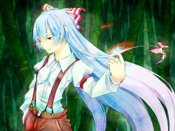 Rule 34 | 1girl, bamboo, bamboo forest, blue hair, bow, dress shirt, female focus, fire, forest, fujiwara no mokou, glowing, glowing eye, hair bow, hand in pocket, long hair, nature, pants, red eyes, shirt, solo, suspenders, touhou, urewi, very long hair