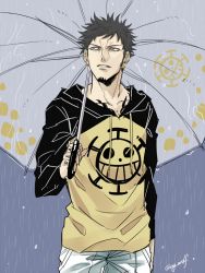 Rule 34 | 1boy, ag wolf, agito013, earrings, facial hair, goatee, hood, hoodie, jewelry, jolly roger, male focus, one piece, pirate, raglan sleeves, rain, solo, tattoo, trafalgar law, twitter username, umbrella, water