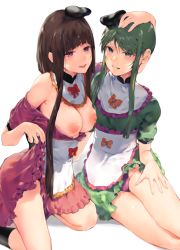 Rule 34 | 2girls, :d, apron, asuzemu, bare shoulders, black hair, black headwear, black socks, blush, bow, breasts, commentary request, detached collar, dress, feet out of frame, green dress, green eyes, green hair, grin, hand on another&#039;s head, hat, kneehighs, kneeling, looking at viewer, medium breasts, mini hat, multiple girls, nipples, nishida satono, off shoulder, open mouth, panties, puffy short sleeves, puffy sleeves, purple dress, purple eyes, purple panties, red bow, short hair with long locks, short sleeves, sidelocks, simple background, sitting, skirt hold, smile, socks, teireida mai, thighs, touhou, underwear, waist apron, white apron, white background