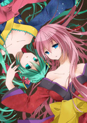 Rule 34 | 2girls, alternate costume, aqua eyes, aqua hair, bare shoulders, blue eyes, breasts, cleavage, collarbone, female focus, flower, green eyes, green hair, hair between eyes, hair flower, hair ornament, hatsune miku, japanese clothes, kimono, long hair, long sleeves, looking at viewer, magnet (vocaloid), medium breasts, megurine luka, multiple girls, neck, off shoulder, open mouth, pink hair, project diva (series), project diva 2nd, rina (rinaaaa), rotational symmetry, twintails, upper body, upside-down, very long hair, vocaloid, wide sleeves, yuri