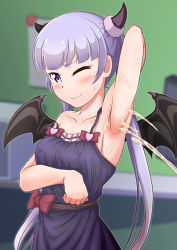Rule 34 | 1girl, arm behind head, armpits, blue dress, blunt bangs, blush, breast hold, breasts, can (canzume), covered erect nipples, cum, demon horns, demon wings, dress, ejaculation, emphasis lines, highres, horns, long hair, looking at viewer, new game!, purple eyes, purple hair, small breasts, smile, solo, strap slip, suzukaze aoba, twintails, very long hair, wince, wings