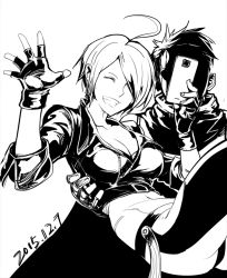 Rule 34 | 1boy, 1girl, ahoge, angel (kof), ass, breasts, cropped jacket, fingerless gloves, gloves, greyscale, hair over one eye, jacket, k9999, krohnen, midriff, monochrome, navel, short hair, simple background, smile, the king of fighters, white background, yiran kong xian