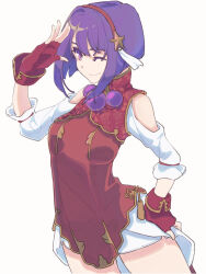 Rule 34 | 1girl, ;), asamiya athena, chinese clothes, clothing cutout, fingerless gloves, gloves, hand on own hip, headband, highres, one eye closed, ooiwa (irc14786149), purple eyes, purple hair, red gloves, red headband, short hair, shoulder cutout, smile, snk, solo, the king of fighters, the king of fighters xv, white background