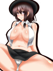 Rule 34 | 1girl, bare shoulders, belly, black hat, black skirt, blush, bow, breasts, breasts apart, brown eyes, brown hair, covered erect nipples, crop top, crop top overhang, hair bow, hair ribbon, hat, large breasts, looking at viewer, miniskirt, naked shirt, navel, no bra, open clothes, open shirt, panties, pantyshot, parmiria, parted lips, ribbon, shirt, short hair, sitting, skirt, sleeveless, sleeveless shirt, smile, solo, spread legs, thick thighs, thighs, touhou, tress ribbon, underwear, usami renko, white background, white bow, white panties, white shirt