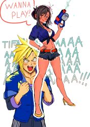 Rule 34 | 1boy, 1girl, absurdres, bare legs, belt, belt buckle, bikini, bikini under clothes, black hair, blonde hair, blue shirt, blush, bracelet, breasts, buckle, character name, cleavage, clenched hands, closed mouth, cloud strife, cloud strife (ocean chocobo), collarbone, collared shirt, commentary, denim, denim shorts, english text, excited, final fantasy, final fantasy vii, final fantasy vii rebirth, final fantasy vii remake, flower, full body, hair flower, hair ornament, hand on own hip, high heels, highleg, highleg bikini, highres, holding, holding water gun, hugo artist, jewelry, large breasts, long hair, looking at viewer, midriff, navel, official alternate costume, pink flower, red eyes, screaming, shirt, short hair, short shorts, shorts, smile, speech bubble, spiked hair, striped clothes, striped shirt, sweatdrop, swept bangs, swimsuit, symbol-only commentary, tan, tanline, tied shirt, tifa lockhart, tifa lockhart (majestic glamour), upper body, vertical-striped clothes, vertical-striped shirt, water gun, white bikini