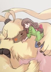Rule 34 | 1boy, 1girl, angoramon, artist request, brown hair, carrying, digimon, digimon (creature), digimon ghost game, dress, fur, highres, long hair, looking at viewer, open mouth, punching, school uniform, size difference, tsukiyono ruli, twitter username
