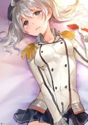 Rule 34 | 10s, 1girl, ahoge, bad id, bad twitter id, beret, blue eyes, blush, breasts, buttons, covering privates, covering crotch, epaulettes, female focus, gloves, green hair, hanekoto, hat, jacket, kantai collection, kashima (kancolle), looking at viewer, lying, on back, open mouth, pleated skirt, ribbon, skirt, small breasts, solo, twitter username, uniform