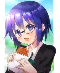 Rule 34 | 1girl, black-framed eyewear, black jacket, blue eyes, blue hair, blush, bow, bowtie, bread, ciel (tsukihime), collared shirt, commentary, curry bread, food, food on face, glasses, green bow, green bowtie, hair between eyes, highres, holding, holding food, itsuka neru, jacket, looking at viewer, open clothes, open jacket, open mouth, school uniform, shirt, short hair, smile, solo, tongue, tsukihime, tsukihime (remake), uniform, upper body, vest, white shirt, yellow vest