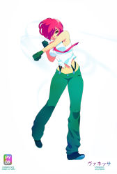 Rule 34 | 1girl, ashleigh hetrick, boots, breasts, full body, gloves, hair over one eye, large breasts, midriff, navel, necktie, pants, punching, red hair, short hair, sleeveless, solo, suspenders, the king of fighters, vanessa (kof)