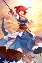 Rule 34 | 1girl, arm up, bad id, bad pixiv id, belt, bird, blue dress, boat, breasts, cleavage, coin, crow, dress, highres, large breasts, layered dress, looking at viewer, onozuka komachi, open mouth, puffy sleeves, red eyes, red hair, sash, scythe, short sleeves, solo, sunset, swd3e2, touhou, two side up, water, watercraft, white dress
