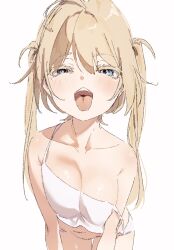 Rule 34 | 1girl, bare shoulders, blonde hair, blue eyes, breasts, camisole, cleavage, collarbone, cowboy shot, crop top, highres, large breasts, leaning forward, long hair, looking at viewer, narrowed eyes, open mouth, original, sketch, solo, strap slip, tongue, tongue out, twintails, usurai rairai, white camisole