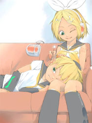 Rule 34 | 1boy, 1girl, akinbo (hyouka fuyou), bad id, bad pixiv id, blonde hair, brother and sister, couch, detached sleeves, ear cleaning, green eyes, hair ornament, hairclip, headphones, kagamine len, kagamine rin, lap pillow, mimikaki, one eye closed, siblings, smile, twins, vocaloid