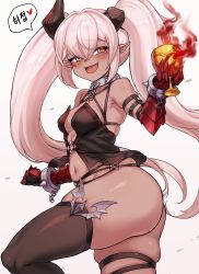 Rule 34 | :d, absurdres, arm strap, ass, bad id, bad pixiv id, blush, breasts, broken horn, camisole, chalice, cleanerjay, closers, collar, cuffs, cup, dark-skinned female, dark skin, demon girl, facial mark, fangs, fire, gauntlets, heart, highres, horns, korean text, long hair, misery (closers), navel, open mouth, orange eyes, pointy ears, single thighhigh, skindentation, small breasts, smile, smug, spoken heart, thick thighs, thigh strap, thighhighs, thighs, translation request, twintails, very long hair, white hair