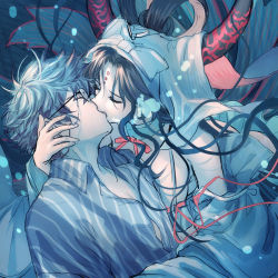 Rule 34 | 1boy, 1girl, aged up, black hair, blue hair, commentary request, eyewear strap, facial mark, fate/grand order, fate (series), forehead mark, forehead tattoo, glasses, hans christian andersen (adult) (fate), hans christian andersen (fate), hetero, horns, kiss, lalatia-meai, long hair, sessyoin kiara, sessyoin kiara (swimsuit mooncancer), sessyoin kiara (swimsuit mooncancer) (third ascension), shirt, striped clothes, striped shirt, underwater