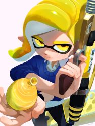 Rule 34 | 1girl, absurdres, black pants, blonde hair, blue sweater vest, close-up, collared shirt, from above, gun, highres, holding, holding gun, holding weapon, ink tank (splatoon), inkling, inkling player character, looking at viewer, looking up, nintendo, otoboke-san, pants, rifle, shirt, simple background, sleeves rolled up, solo, splash-o-matic (splatoon), splatoon (series), splatoon 2, standing, sweater vest, water balloon, weapon, white background, white shirt, yellow eyes