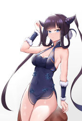 Rule 34 | 1girl, absurdres, bad id, bad pixiv id, bare shoulders, black hair, blue dress, blue eyes, blunt bangs, bow, breasts, china dress, chinese clothes, cleavage, detached sleeves, dress, expressionless, fate/grand order, fate (series), fur trim, hair ornament, hand up, highres, looking at viewer, medium breasts, multicolored hair, navel, purple hair, ribbon, sidelocks, simple background, solo, strapless, strapless dress, thighs, twintails, two-tone hair, white background, yang guifei (fate), yang guifei (second ascension) (fate), yinori