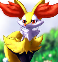 Rule 34 | 1girl, animal ear fluff, animal ears, animal nose, arms behind back, artist name, black fur, blurry, blurry background, body fur, braixen, bush, closed mouth, cowboy shot, creatures (company), dandelion, dated, day, eryz, female focus, flat chest, flower, fox ears, fox girl, fox tail, furry, furry female, game freak, gen 6 pokemon, happy, highres, jpeg artifacts, leaning forward, looking to the side, nintendo, outdoors, pokemon, pokemon (creature), red eyes, sideways mouth, signature, smile, snout, solo, standing, tail, white fur, yellow fur
